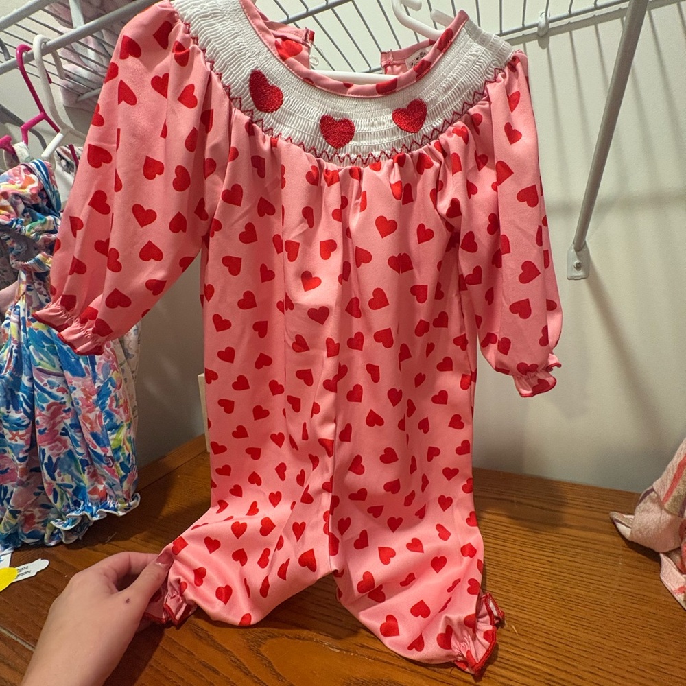 Pink Romper with Red Heart Pattern